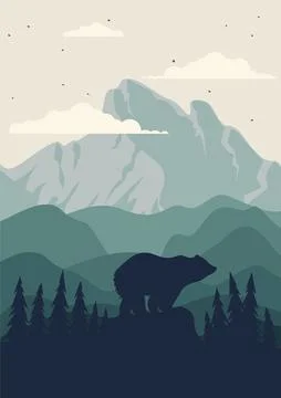View on spring mountain range poster print. Aesthetic minimalist springtime f Ilustración de archivo