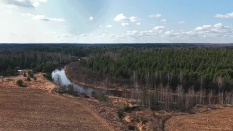 View of a spring river and forest, the camera slowly moves in the sky Stock Footage 305371470