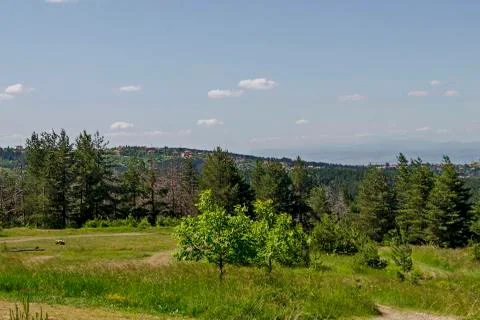 View of springtime glade, forest and residential district of bulgarian village Stock Photos