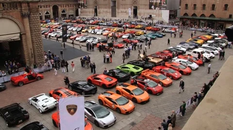View to the square with Lamborghini cars parked in Bologna, Italy. Stock Footage 59791265