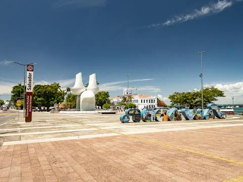 View of the square Praca Cairu with the Monument Monumento a Cidade de Salvad Stock Photos