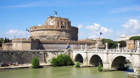 View of St. Angelo castle from the other side of Tiber river. Castello Sant Stock Footage 93579499