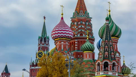 View of St. Basil Cathedral and Kremlin Tower Stock Footage 147481583