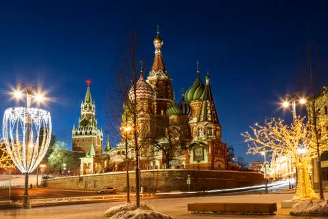 View of St. Basil's Cathedral on Red square and new year installations Stock Photos