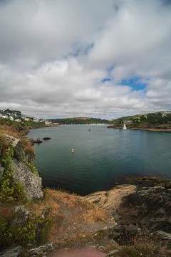 View from St Catherines Castle overlooking Fowey River estuary and harbour Фото