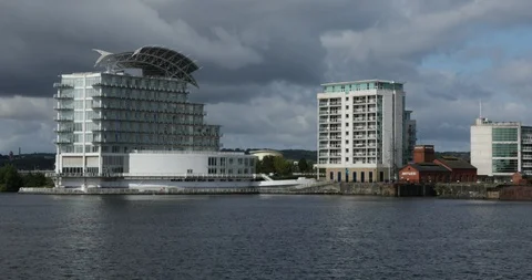 View of St Davids Hotel across the water in Cardiff Bay Stock Footage 114428825