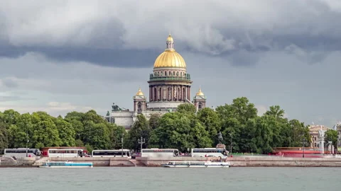 View of The St. Isaacs Cathedral in Saint-Petersburg in summer cloudy day Stock Footage 183263392