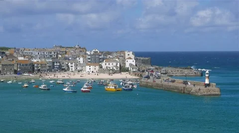 View of St. Ives harbor and boats Stock Footage 63448234