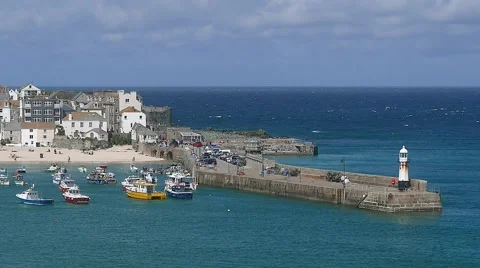 View of St. Ives harbor and boats Stock Footage 63497956