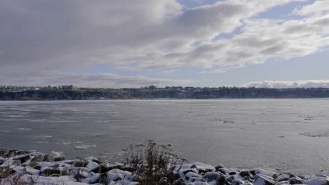View of St. Lawrence River with ice in winter Stock Footage 133450564