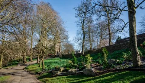 A view of St Machar's Cathedral through trees in Seaton Park, Aberdeen Stock Photos
