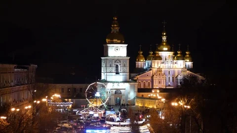 View of the St Michael's Cathedral and the Christmas town. Stock Footage 71258128