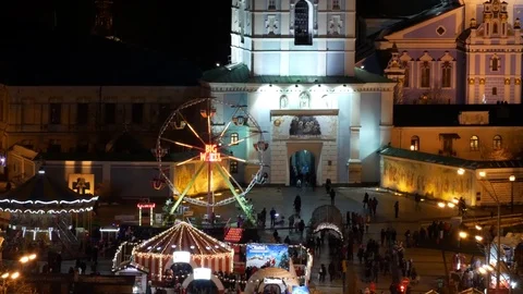 View of the St Michael's Cathedral and the Christmas town. Stock Footage 71258182