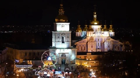 View of the St Michael's Cathedral and the Christmas town. Stock Footage 71258563