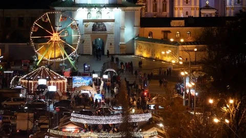 View of the St Michael's Cathedral and the Christmas town. Stock Footage 71259100