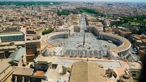 View at St. Peter's square from dome of St. Peter Basilica in Rome in Italy 4k Stock Footage 107749025