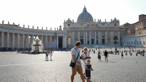 View from St. Peter's Square on main facade and dome of St. Peter's Basilica - Stock Footage 166906316