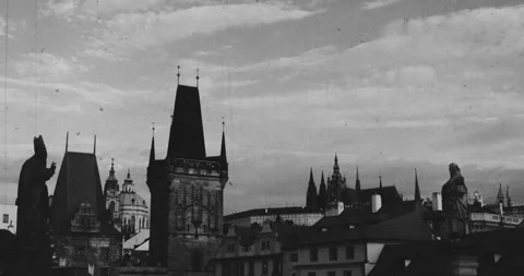 View on St Vitus Cathedral from Charles Bridge in Prague – Black and White Stock Footage 342858677