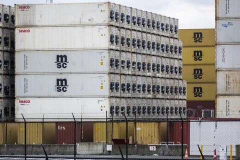 View on stacked MSC refrigerated container in the harbor of Antwerp, Belgium Stock Photos