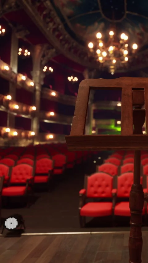 View from stage to empty theater with red seats and chandelier above Stock Footage 340880683
