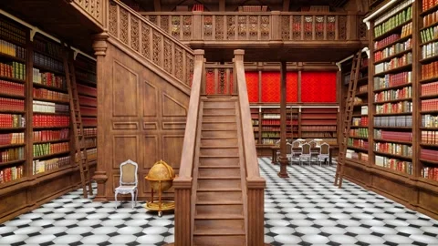 View of the stairs to the second floor in an old library Stock Footage 309828953