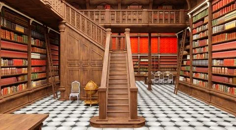 View of the stairs to the second floor in an old library Stock Illustration