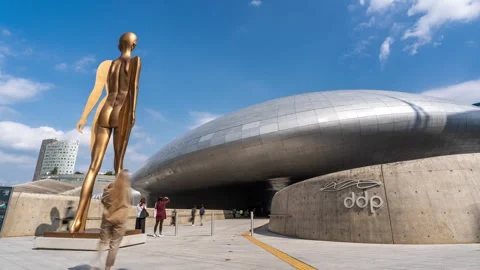 View of the statue The Birth of a Heroine in front of the famous DDP building Stock Footage 288338104
