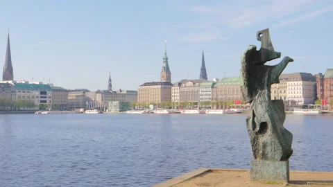 View of statue in center of Hamburg, at Inner Alster Lake, Town Hall, Germany Stock Footage 89973530