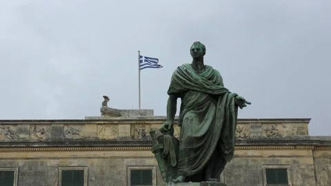 View of a statue in front of Museum of Asian Art at Corfu Kerkyra island Stock Footage 140656916