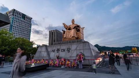 View of Statue of King Sejong the Great against beautiful sunset background Stock Footage 288350742