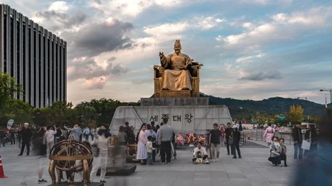 View of Statue of King Sejong the Great against beautiful sunset background Stock Footage 288350956