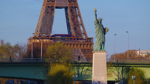 View of the Statue of Liberty with the Eiffel Tower in the background. Statue of Stock Footage 237686568