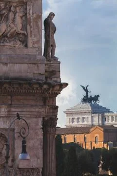 A view of the statue over the Arch of Constatine in front of the Equestrian s Stock Photos