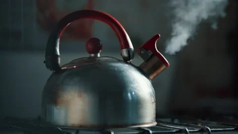 View of the steam from boiling water coming out of the spout of a metal kettle. Stock Footage 238701015