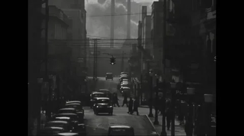 View of steel mill at the end of street Stock Footage