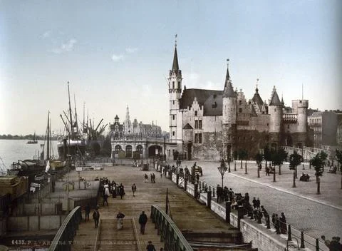 View of the Steen with the harbour, Antwerp, Belgium, ca 1890, Historic, Ilustração Stock