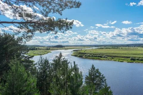View from steep cliff, overgrown with pine trees, on sunlit river with flicke Stock Photos