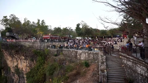 View of steep limestone cliff and visitor observation deck at Obelix Vídeo Stock 347278313