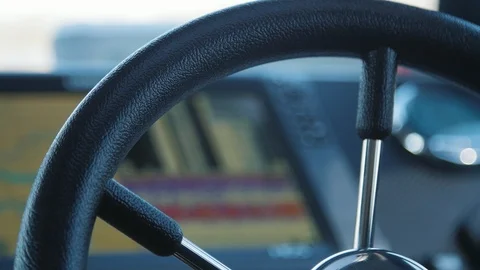View of steering wheel inside a patrol police boat in the driver's cabin 動画素材 105882483