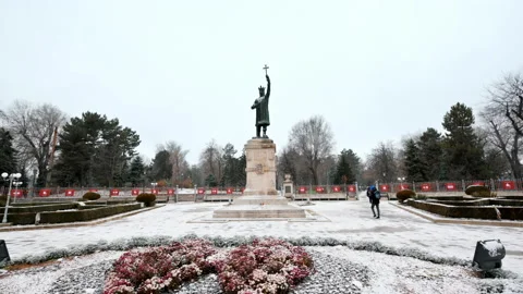 View of Stephen the Great monument during a snowfall in Chisinau, Moldova. Stock Footage 229739076