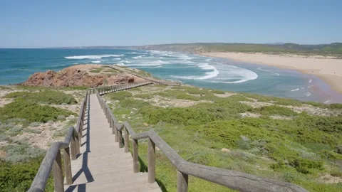 View on Steps leading to Beach and Coastline of Carrapateira Algarve Portugal Stock Footage 337484169
