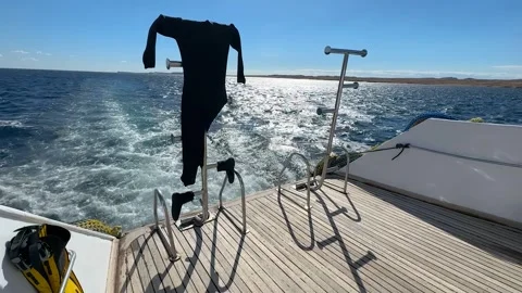 View from the stern of a diving boat with diving equipment and gear Stock Footage 326045433