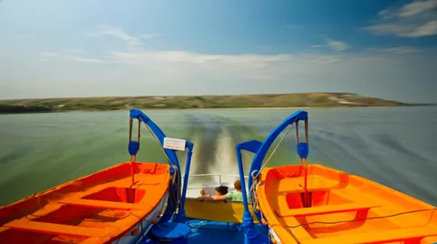 View from the stern of the ship on the river with two lifeboats Stock Footage 32935320