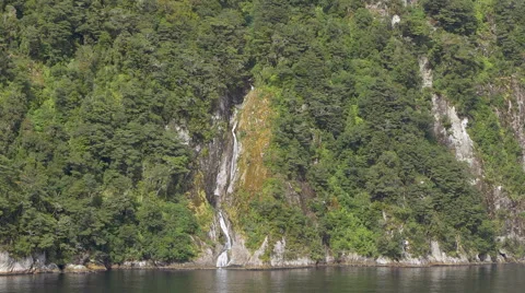 View of Stirling Falls flowing through mountains at Milford Sound, South Island, Stock Footage 51471380