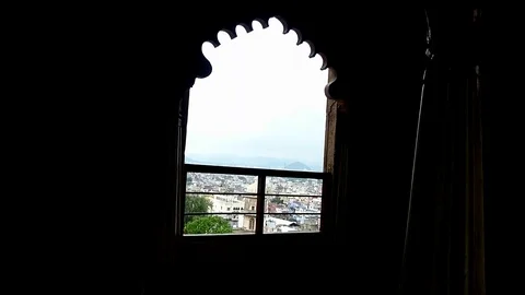 View from Stone Arch of Udaipur City in City Palace Udaipur Stock Footage 78126904