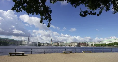 View on Stone Bench in front of beautiful Binnenalster in Hamburg Germany Video stock 77405365