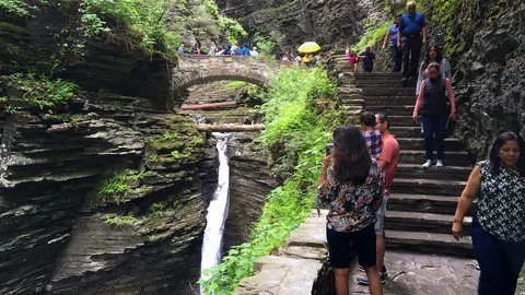 View of Stone Bridge and Waterfall Along GORGE TRAIL at Watkins Glen State Park Stock Footage 91636196