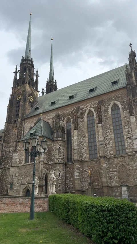 View of the stone facade of St Peter and Cathedral in Brno. Vertical 4K footage Stock Footage 340298221