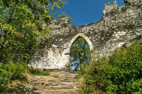 View of the stone gate and a wall, part of the castle Stock Photos