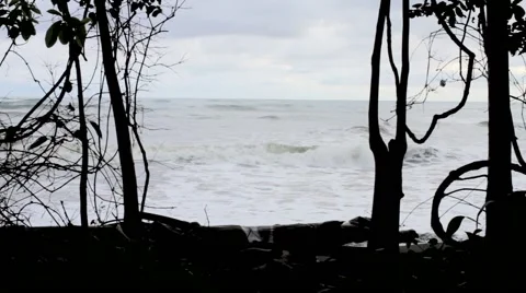 View of Stormy waves crashing on beach Stock Footage 48739684